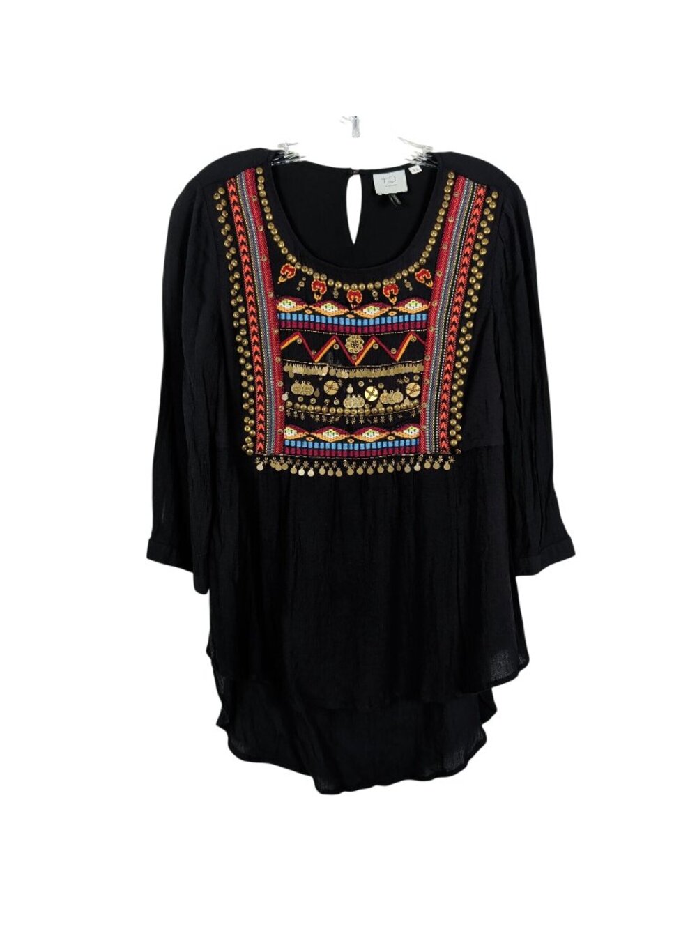 HD in Paris Anthropologie Tunic Women 10 Embroidered Beaded Black Boho Hi Low